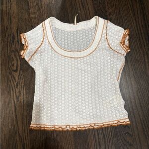 Free People White and Orange Lace Trim Top